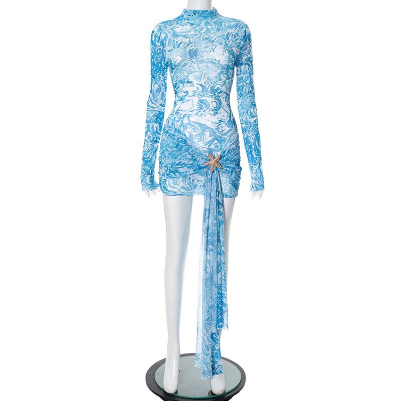 

European Women s Summer Mesh Starfish Print Slim Dress with Sashes Large синий