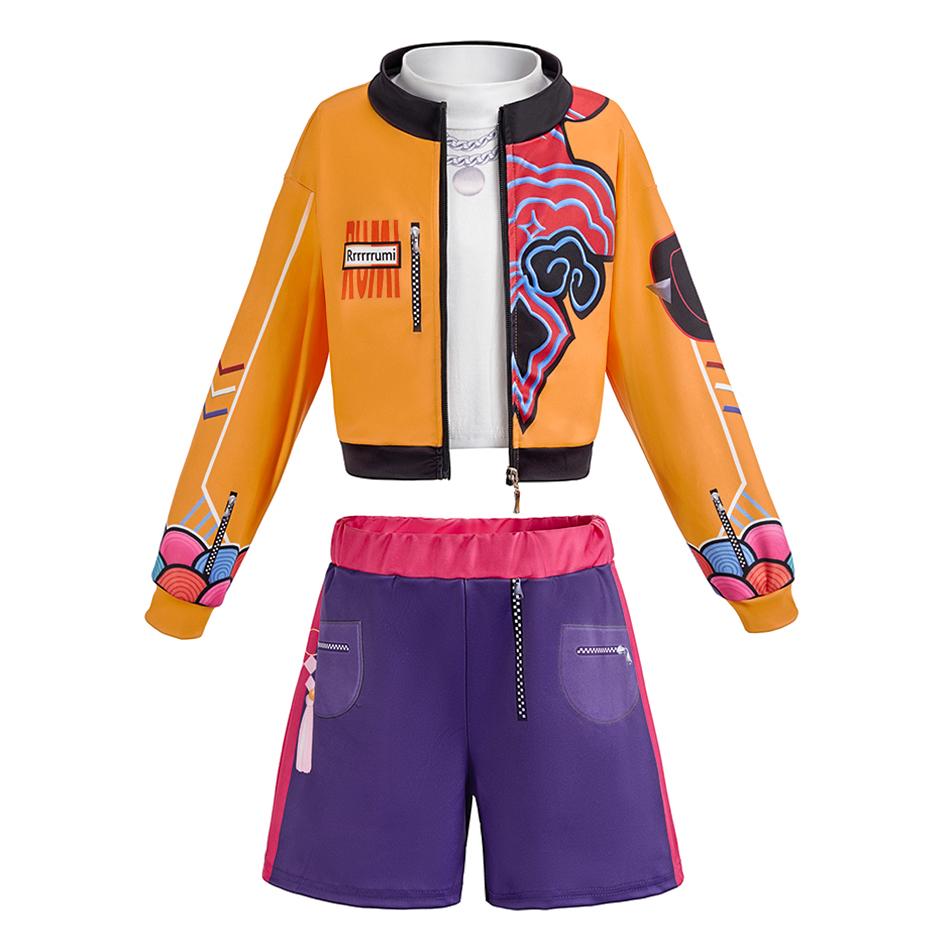 Ensemble 3 Pièces Filles K-Pop Hunter Costume Veste Haut Short Enfants Groupe Idol Uniforme Halloween Carnaval Cosplay Tenue Vêtements Size 120(5-6Years) orange