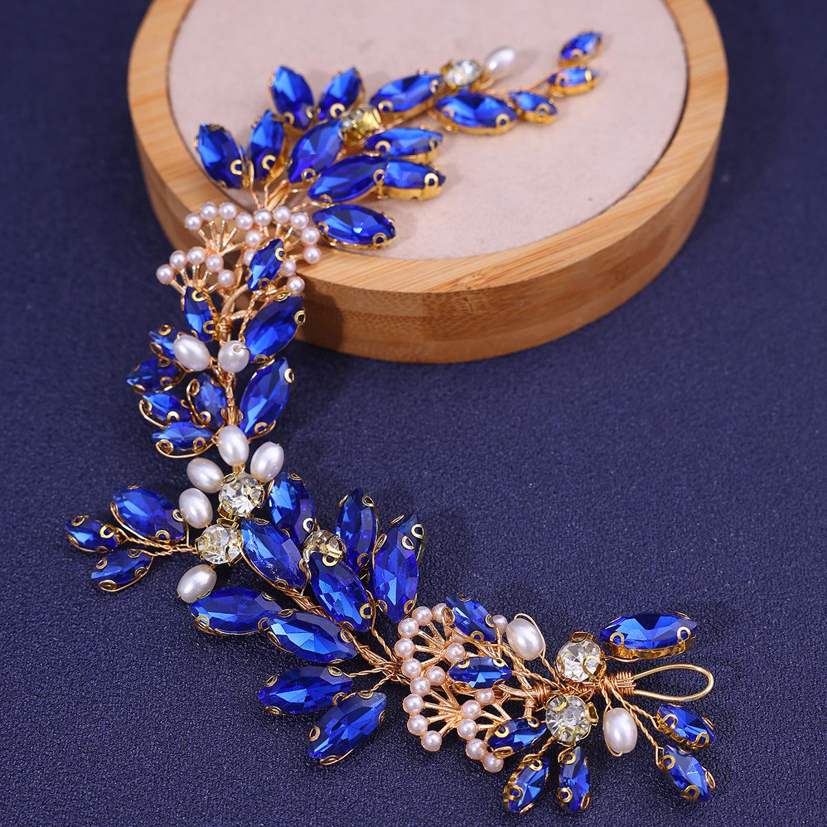 

Свадебная повязка на голову со стразами и жемчугом, плетеная повязка на голову, аксессуары, аксессуары для волос для свадебного платья one-size синий