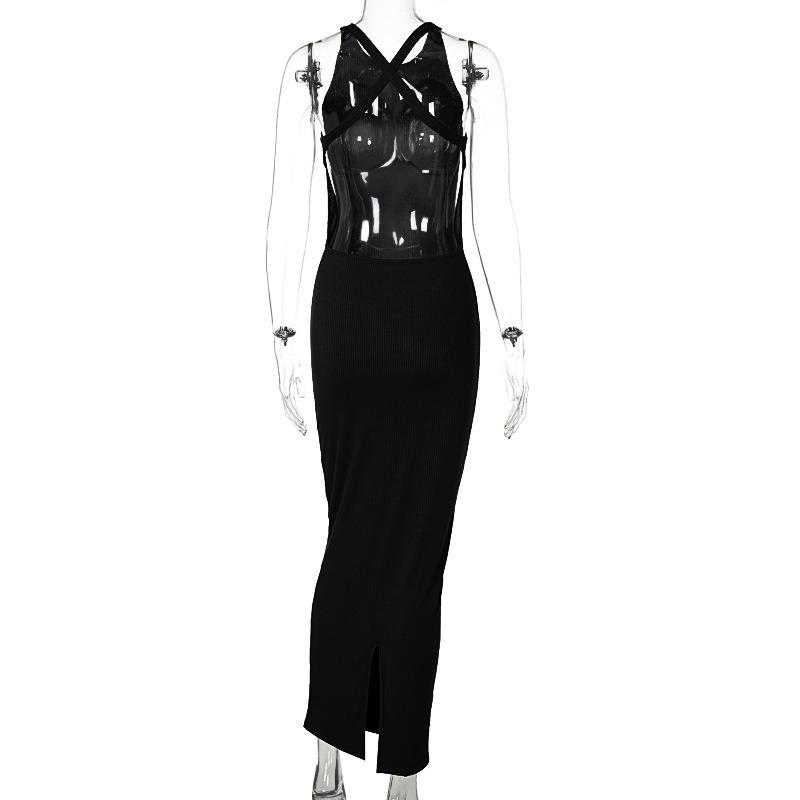 Summer New Sleeveless Backless Slim Fit Sexy Dress Women Elegant Solid Casual Party Club Long Dresses Women Vintage Fashion Knitted Ladies Dress 26529