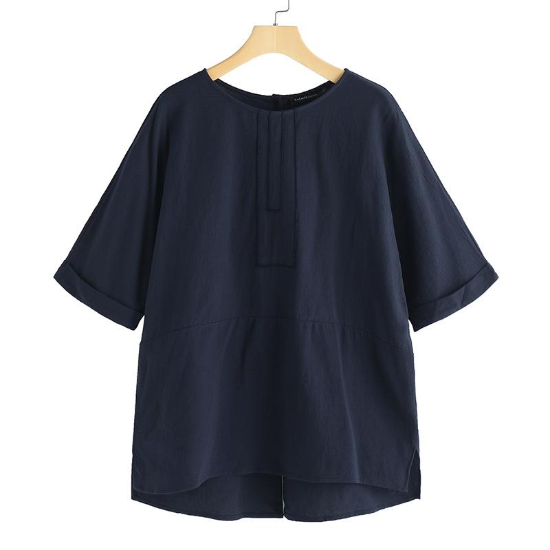 Japanese T-shirt Round Neck Cotton and Linen Back Split Five-point Sleeve Casual Loose Pullover T-shirt