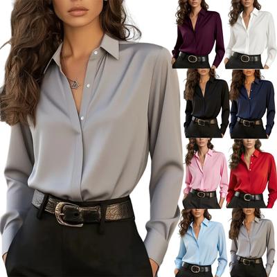 Blusa Feminina da Moda Casual Cor Sólida Manga Longa Cetim Alta Qualidade