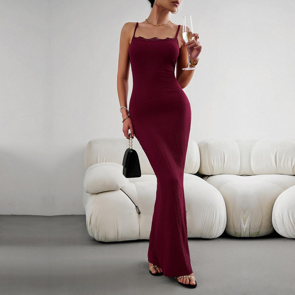 Damen Herbst Neckholder ärmellos einfarbig Sexy Fit Slim Strap Langes Kleid