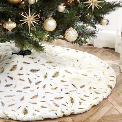 35 Inch Christmas Tree Skirt Gold Sequin Feather Snowflake Pattern White Faux