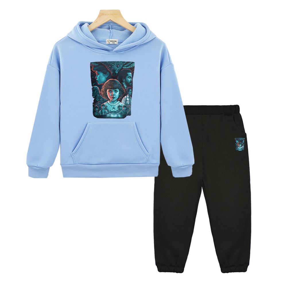 Stranger Things Print Anime Hoodie Fleece Sweatshirt Jacke Junge Mädchen Kapuzen-Sportsets 2-teilig Pullover+Hose Kinder Boutique Kleidung