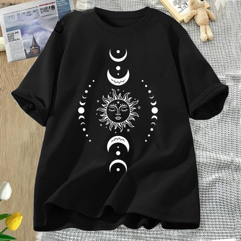 Sun and Moon Pritned T Shirt Celestial Boho Mystical Tshirt Magic Moon Short Sleeve Tshirt Women Harajuku Cotton Tee Streetwear