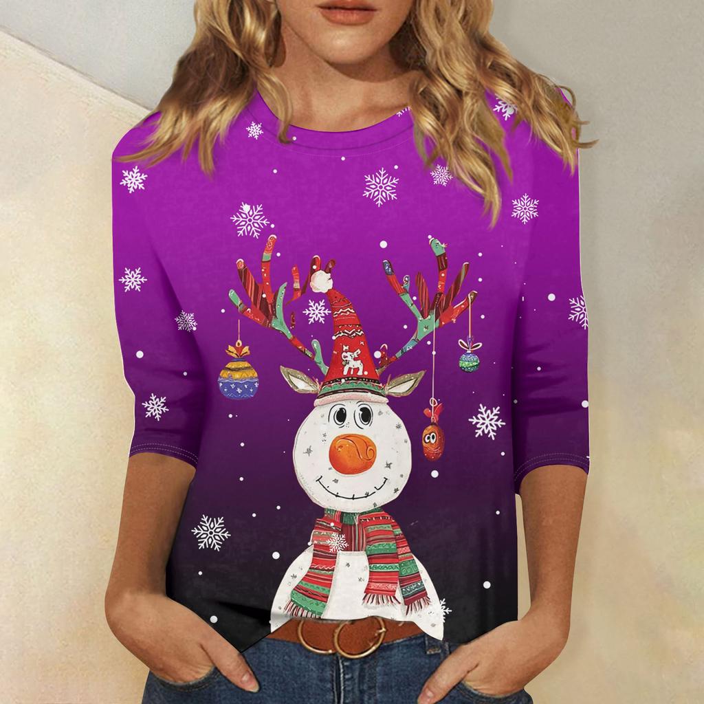 3/4-Ärmel-Shirts für Damen Druck Weihnachts-T-Shirts Blusen Lässig Übergröße Basic-Oberteile Pullover