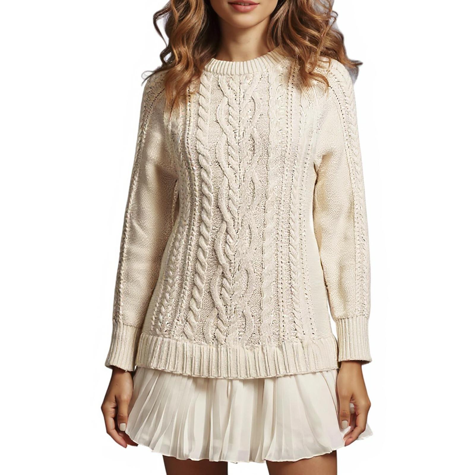 

Женское платье-свитер крупной вязки, с круглым вырезом, длинным рукавом, плиссированное платье, стиль «два в одном», лоскутное платье L белый