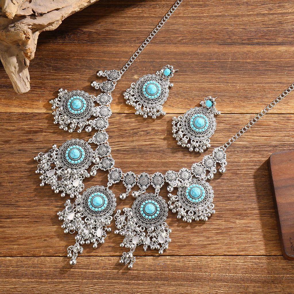 Exaggerated Indian-Style Rhinestone Tassel Necklace & Retro Ethnic Earrings Set