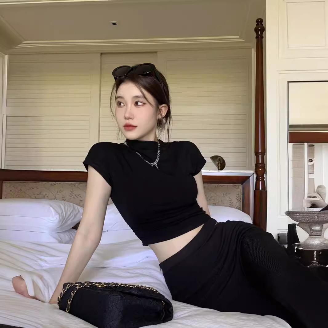 

Горячая девушка полувысокий воротник короткий рукав футболка для женщин в летний дизайн тонкий сексуальный облегающий внутренний топ базовая рубашка 2XL