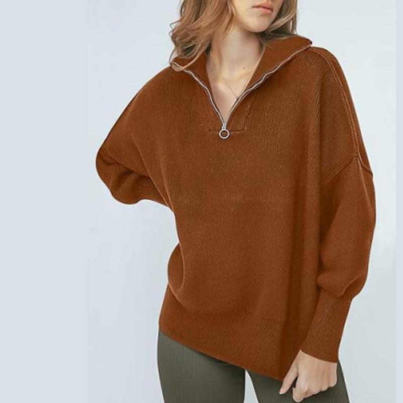 Damen Reißverschluss Pullover V-Ausschnitt Freizeitpullover Locker Reißverschluss Einfarbig Gestricktes Oberteil Retro-Stil