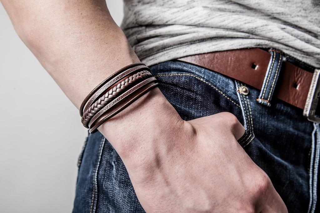 19cm Brunt Armbånd Lær Smykker Flettet Wrap Kjede Armbånd [SERASAR] Herre