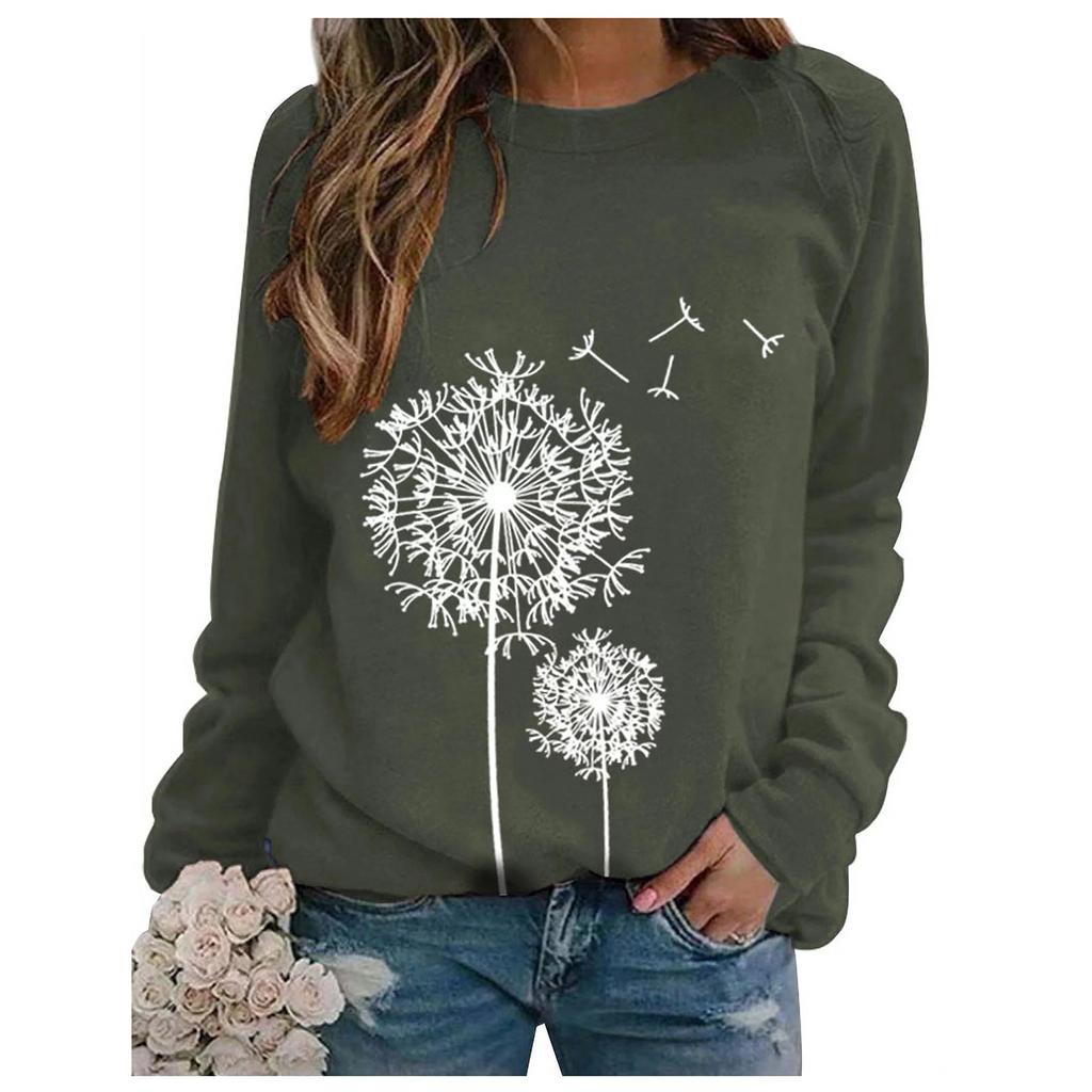 Ladies Casual Loose Print Round Neck Drop Shoulder Long Sleeve Sweatshirt