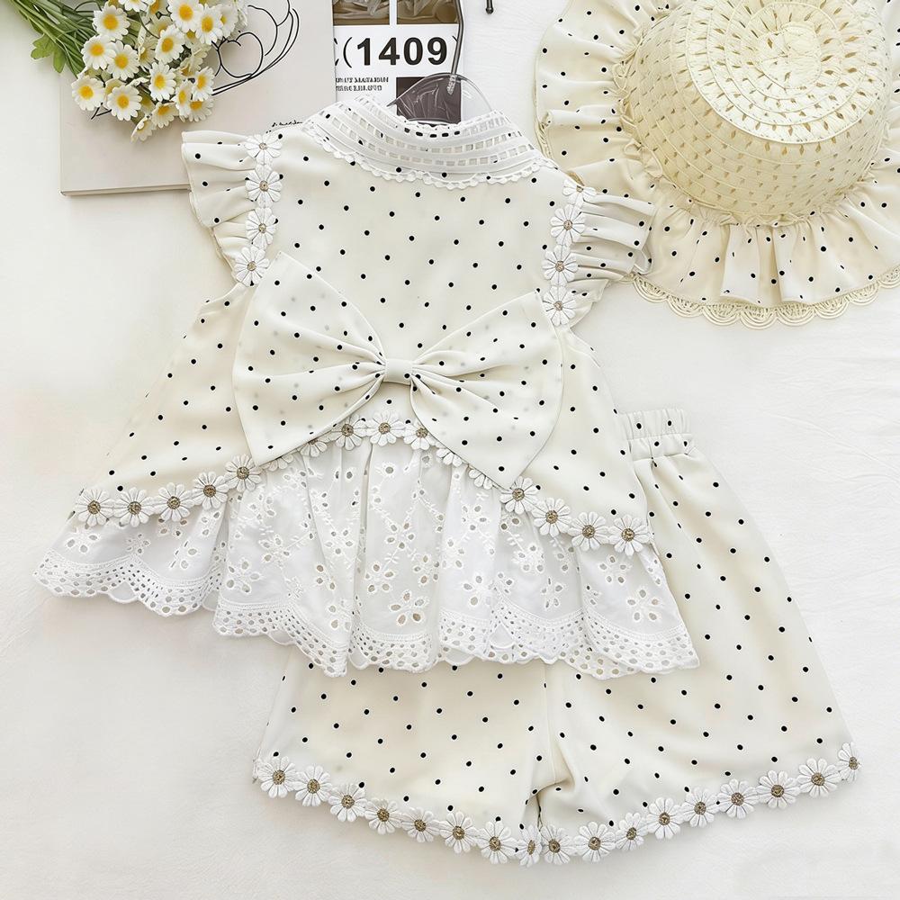 Girls Summer Polka Dot Daisy Ruffle Sleeve Lace Top And Shorts Two Piece Set Cute Casual Outfit For Kids