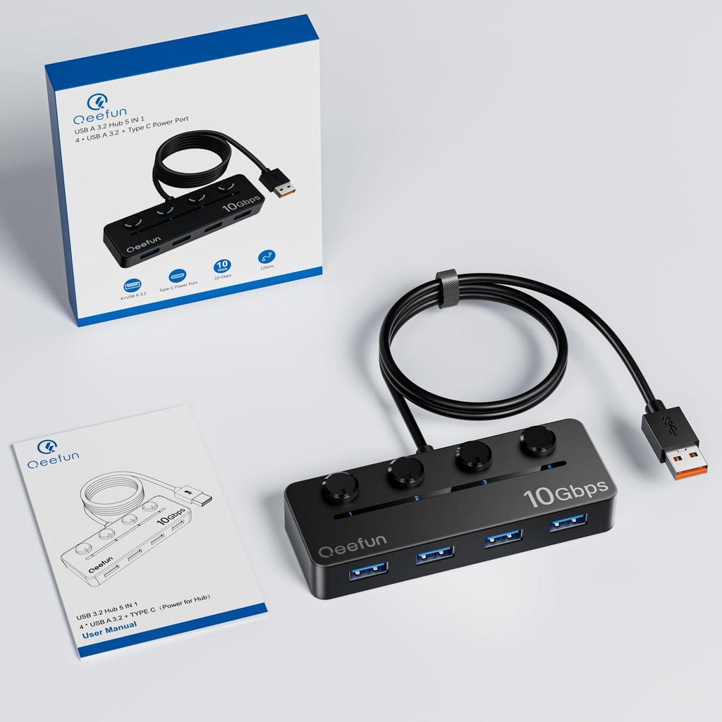 Qeefun USB Hub with Individual LED Power 10Gbps Data Extension Multiple USB Extender for USB Flash and More 4-Port 3.2 Switch, Transfer, 1.2M Cable,