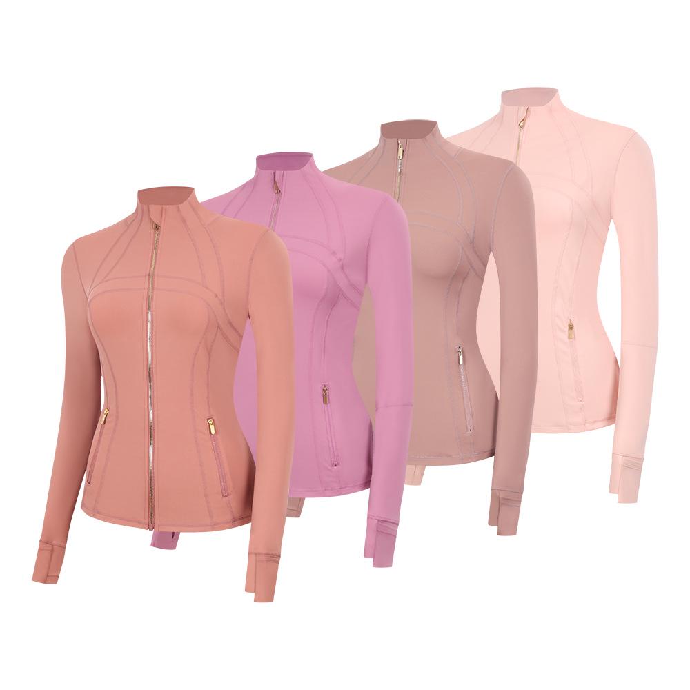 In Stock: LU Women's Slim Fit Yoga Jacket with Gold Zipper - Stand Collar Running Top