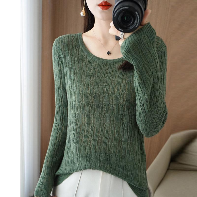 Women's High-Quality Round Neck Crochet Knit Pullover - Long Sleeve, Lightweight, Warm Wool Base Layer Top