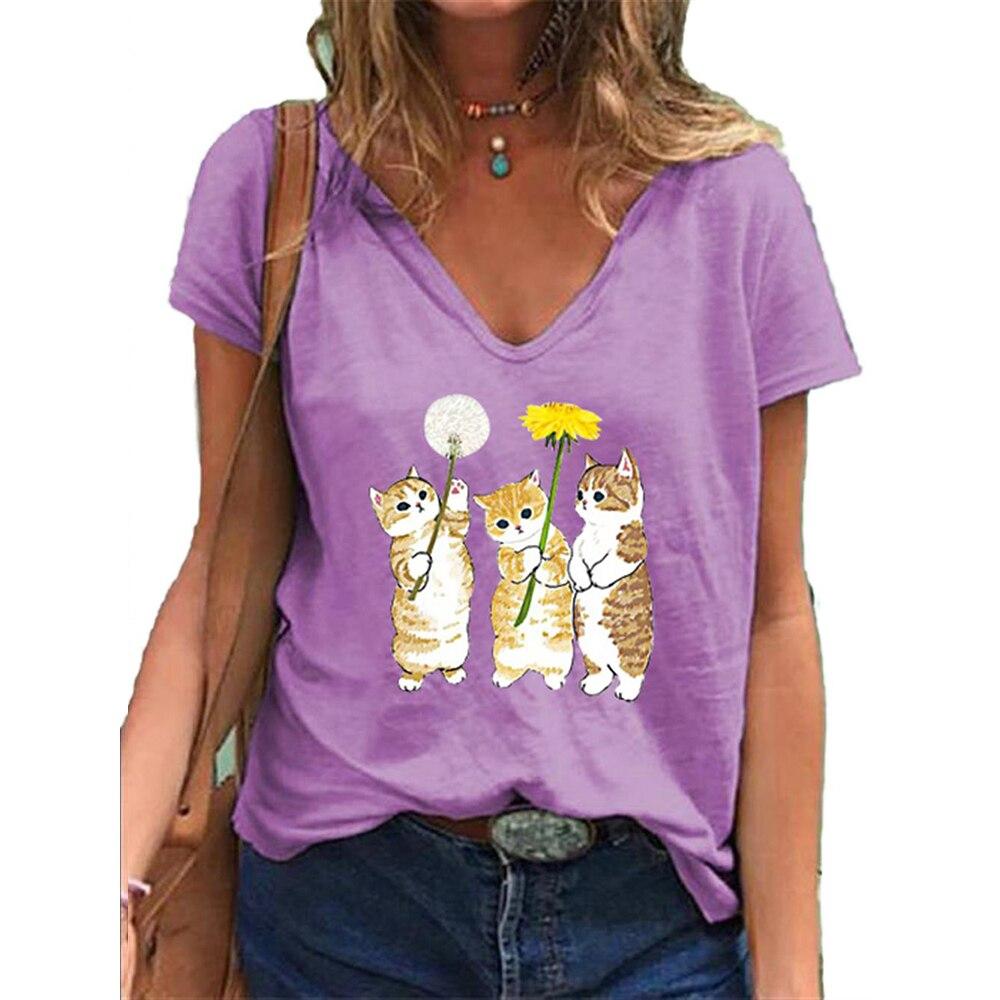 

Fashion Spring Cat Print Blouses Short Sleeved V-Neck T Shirts Casual 8XL фиолетовый