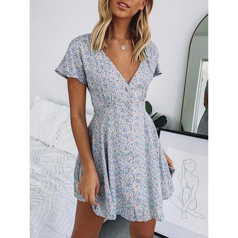 

Модный стиль Новинка Модный Горячая Распродажа Элегантное Летнее Самое Продаваемое Платье с V-образным вырезом Синее Мелкий цветочный принт Кристальная пряжка Женская мода Main color S