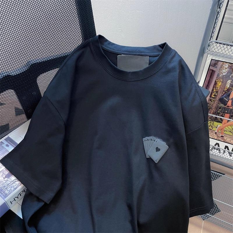 Retro Print Playing Card Short Sleeved T-shirt Oversized Women Short Sleeved Tee Summer Loose Round Neck Solid Color Top