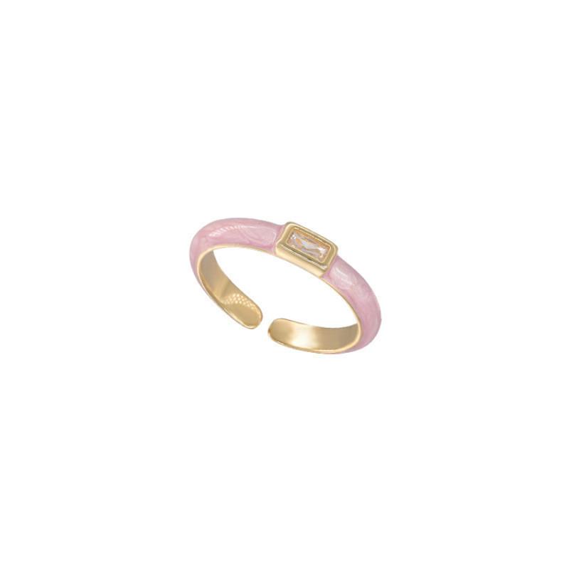 French Contemporary Style Adjustable Copper Ring With Cream Enamel Zirconia And