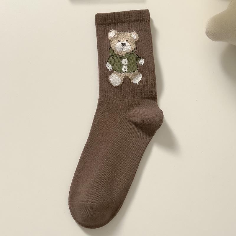 Filles en bas longs, Filles oursons mignons de dessin animé en automne et en hiver, Filles mi-mollet, Académie de filles, Chaussettes hautes en coton