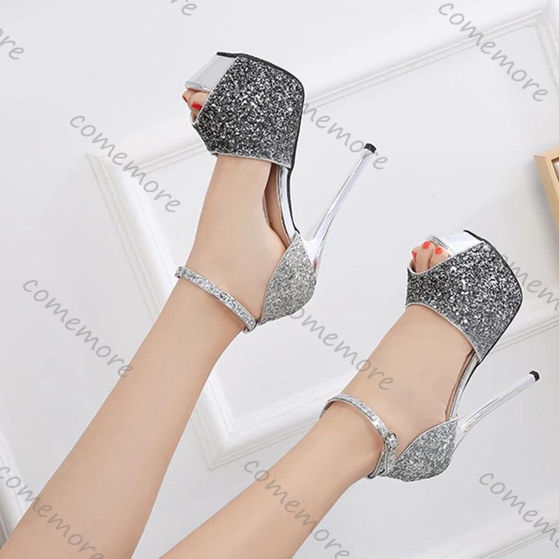 Fashion Comemore Summer Women Peep Toe Sandals Gradient Color Platform Bling Sequin High Heels 14CM Stiletto Nightclub Pole Dancing Shoe