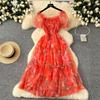 Abito Retrò Francese Floreale in Chiffon con Vita Cinciurata, Manica a Sbuffo Monospalla e Gonna in Rete