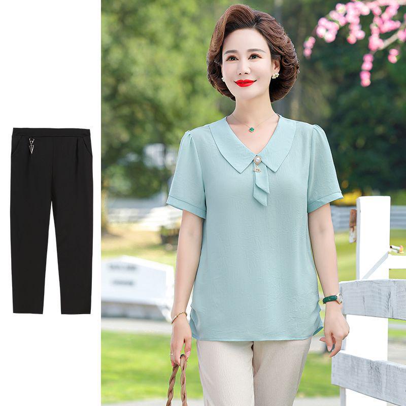 Mom's Stylish Summer Two-Piece Set: Chiffon Top & Short Sleeve T-Shirt for Middle-Aged Women