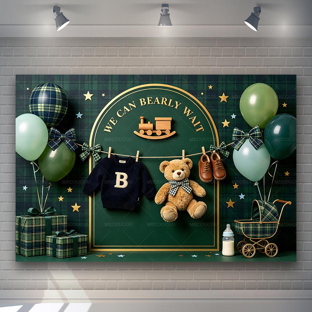 

BEPAN Green Plaid Cute Bear Carousel Baby Clothes Shoes Theme Banner Background Baby One Year Old Arrangement Baby Shower Background Vinyl--W120xH80cm