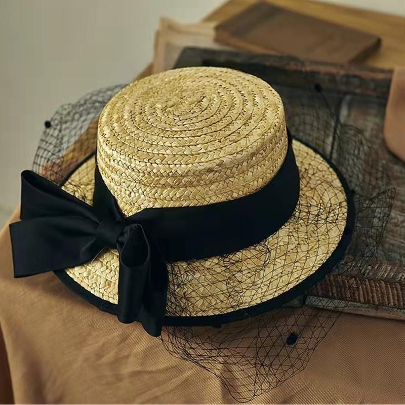 Mesh Flat Top Straw Hat Bow Retro Elegant Fresh Ladies Hat Beach Leisure Party Show Wedding Fashion Clothing Sun Hat