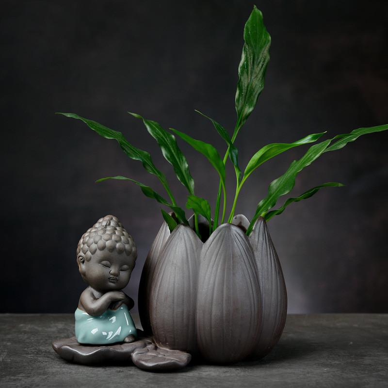 DXUIALOI Neu Chinesisch Kreativ Hydrokultur Pflanzen Chrysantheme Kupfer Geld Blumentopf Vase Zen Keramik Handwerk Heimdekoration