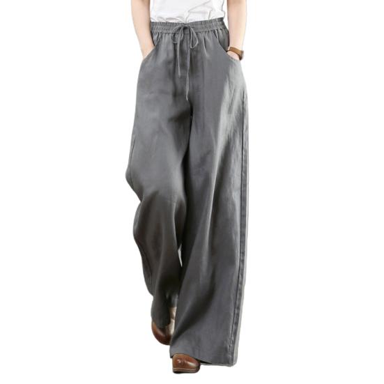 Casual Women Solid Color Wide Leg Pants High Waist Pockets Loose Long Trousers