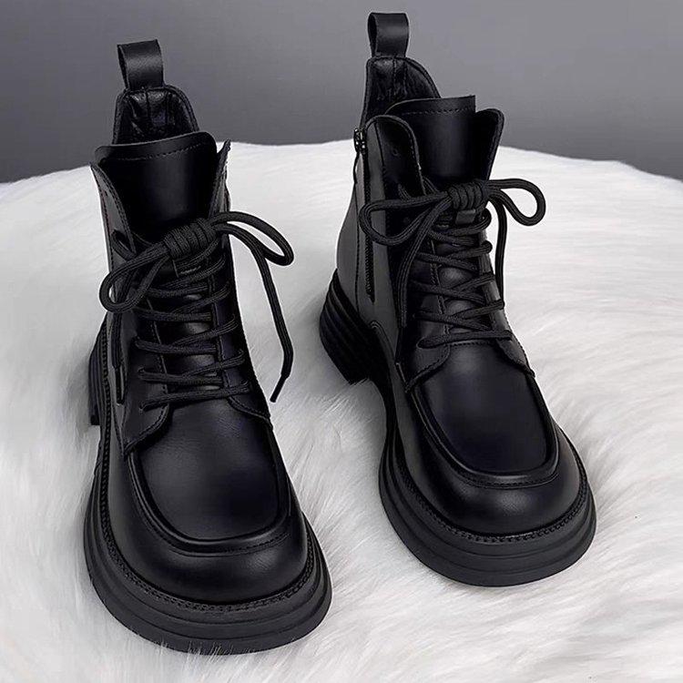 Damen Martin Boots aus weichem Leder mit Fleecefutter - 2024 Herbst/Winter Warm gefütterte Stiefeletten mit dicker Sohle, flachem Boden und vielseitigem verdicktem Baumwollfutter.