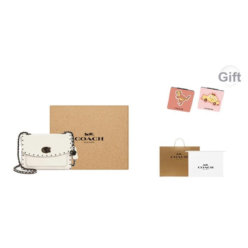 Coach Parker 18 Sweet Cool Style Turn Lock Logo Leather Studded Crossbody Shoulder Bag Small Women shoulder bag White 29389-BPCHK