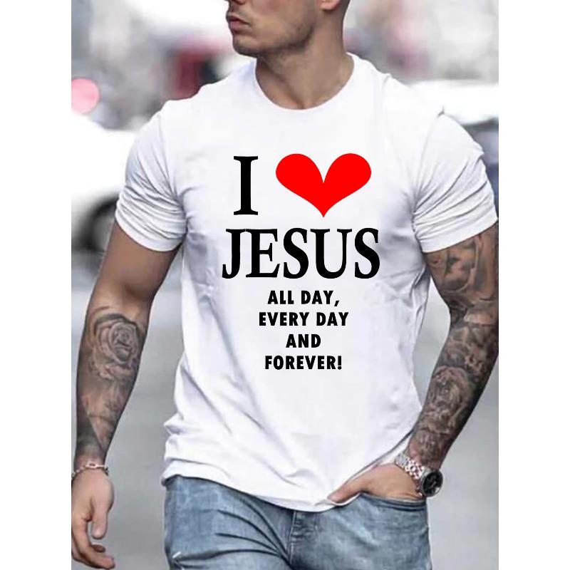

European sizes Men S Summer Casual Crew Neck T-Shirt, Short Sleeve with I Love Jesus Print, Slight Stretch Knit Fabric 4XL білий