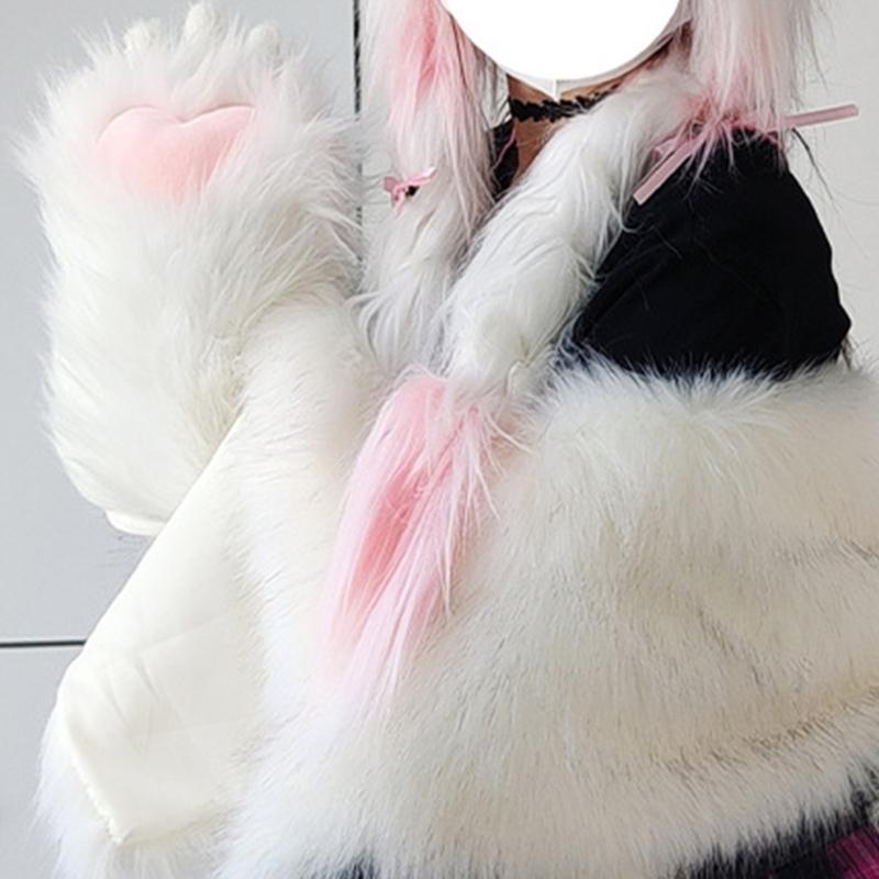 Plush Teens Cats Paw Glove Halloween Party Mitten Teenager Half Finger Glove