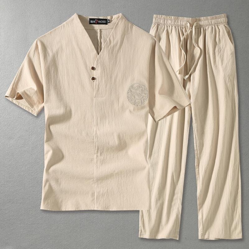 

Cotton-Linen Plus-Size Casual Suit For Men Extra-Large Loose Fit For Big Guys V-Neck Short-Sleeve Top And Long Pants Two-Piece Set In Linen 9XL абрикосовий