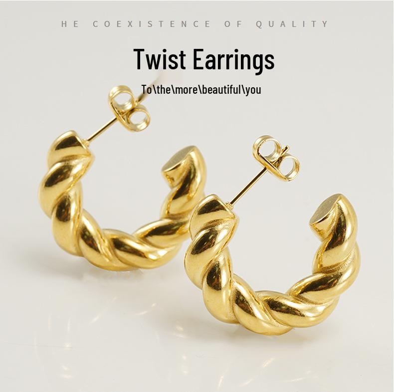 Boucles d'oreilles créoles torsadées en acier titane plaqué or 18 carats sous vide pour femmes