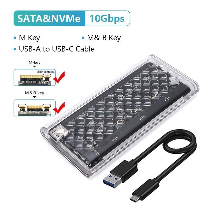 M.2 NVME/NGFF Dual Protocol SSD Enclosure Transparent Hard Drive Case USB3.2 Type-C RGB Light 10Gbps Enclosure SATA SSD Adapter