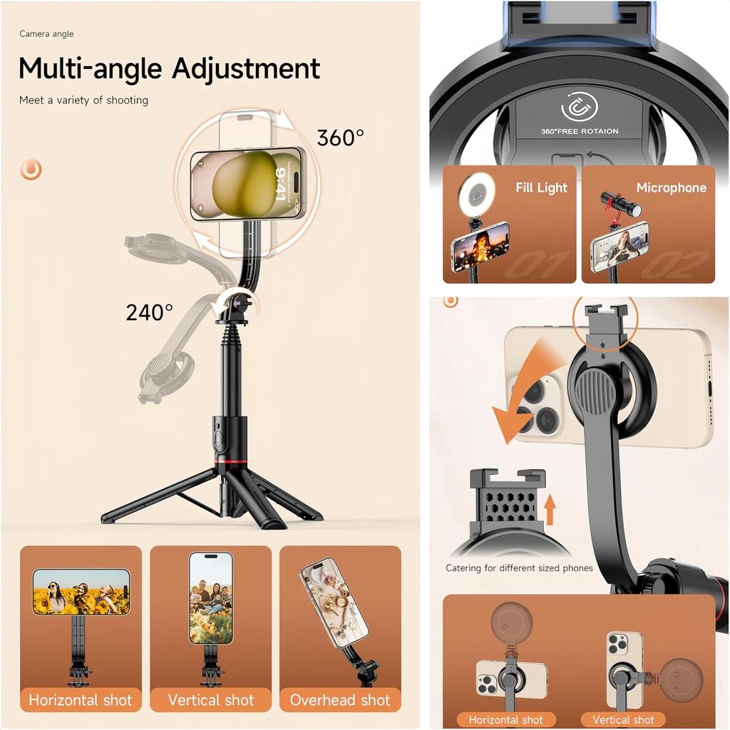 Magnetic Mini Extendable Selfie Stick Tripod Holder Stand with Fill Light Bluetooth Wireless Remote for iPhone 17 16 15 &Android