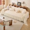 Solid Color Embroidered Sofa Towel with Lace Edge Ruffle Hem, Linen-Like Fabric Home Decor Universal Sofa Cover for Living Room
