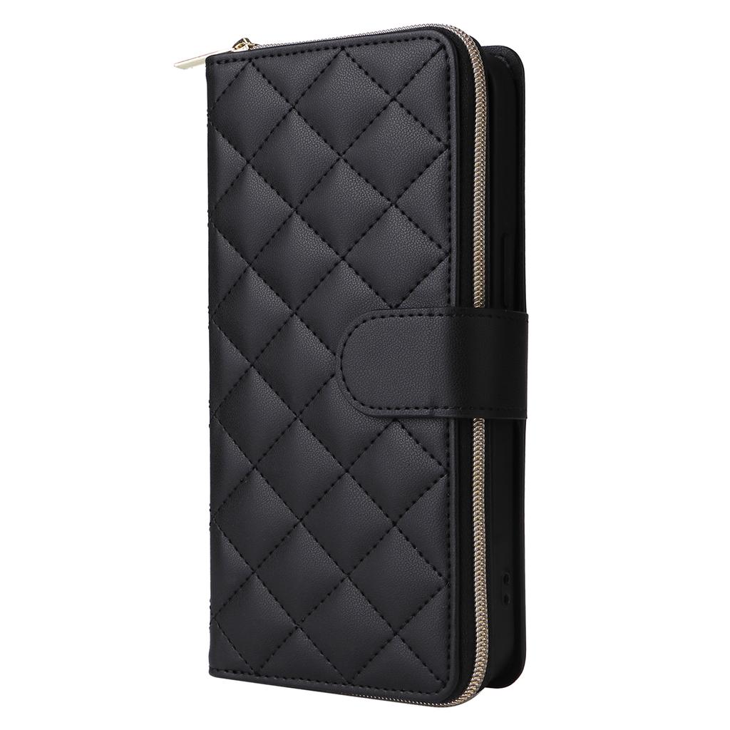 For iPhone 11 Case Leather Zipper Wallet Rhombus Phone Cover with Shoulder Lanyard