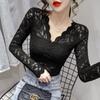 Camisa de encaje con escote en V para mujer, nueva blusa sexy de manga larga con escote estilo occidental para primavera y otoño
