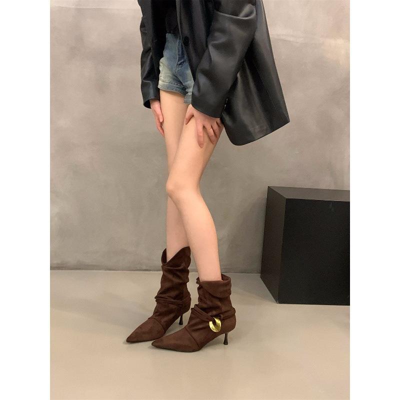 High Heel Pointed Pile Boots Medium Knight Boots Season Western Cowboy Brown Skinny Boots