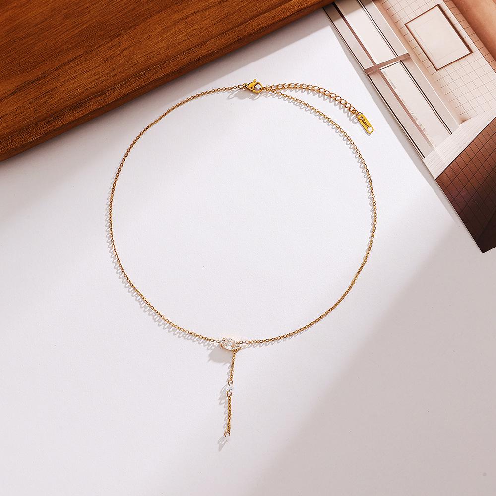 18K Gold Stainless Steel Necklace with Horse Eye Zirconia and Tassel Pendant for Women