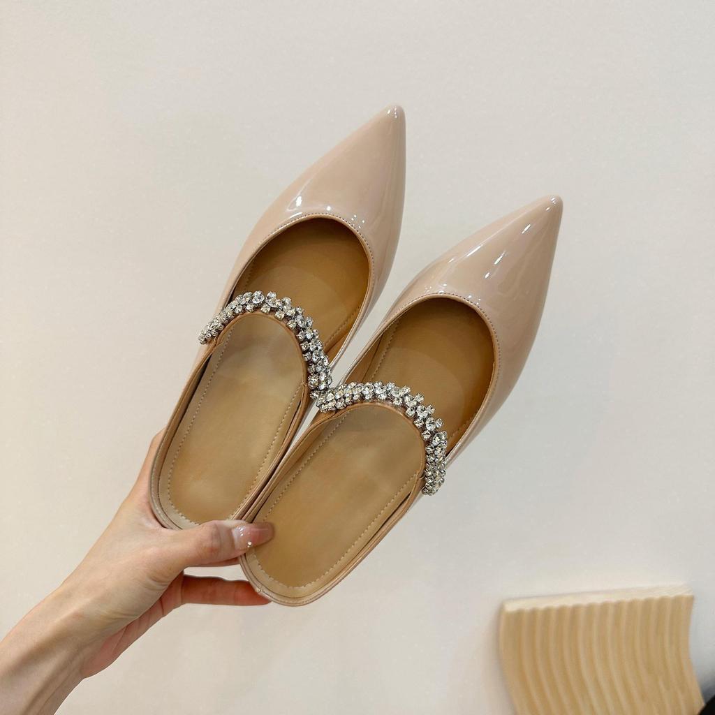 Rhinestone half drag increases height by 4 cm, nude pure desire, sexy pointed head half drag, wearing female cool slippers, fairy style women's shoes