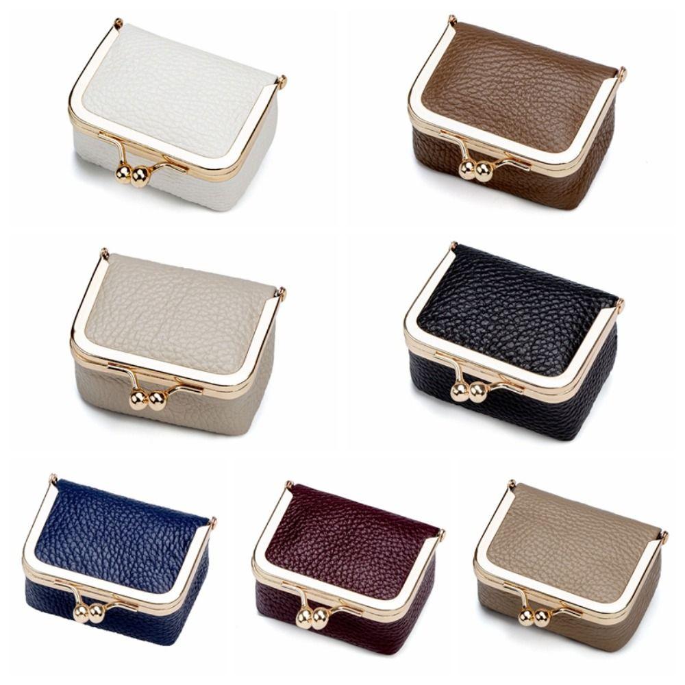 Genuine Leather Kiss Lock Coin Purse Solid Color Small Item Bag Leather Jewelry Bag  Earrings