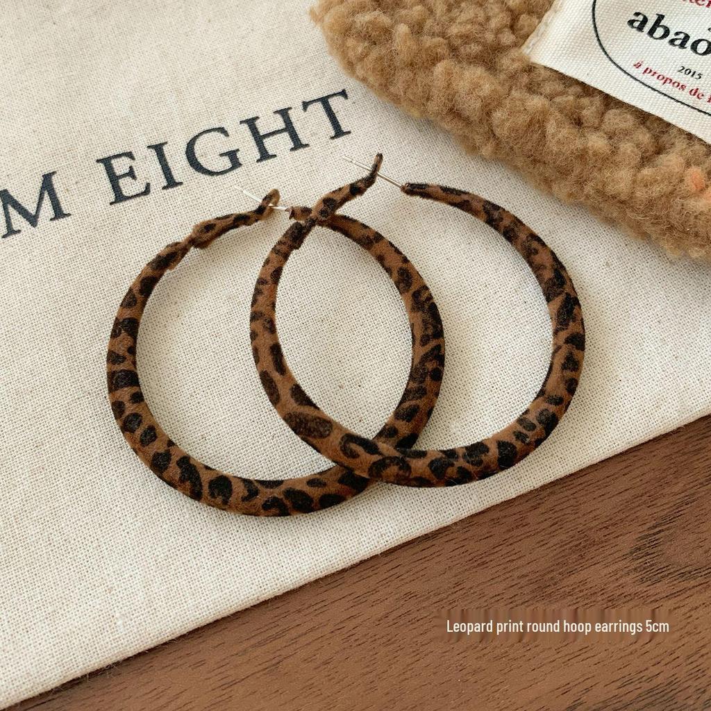Retro Leopard Print Hoop Earrings: Exaggerated Hong Kong Style with Silver Needle Flocking for Women