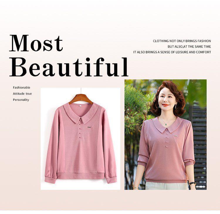 2025 Spring & Autumn Elegant Long Sleeve Lapel T-Shirt for Middle-Aged and Elderly Women - Tummy Covering Base Layer